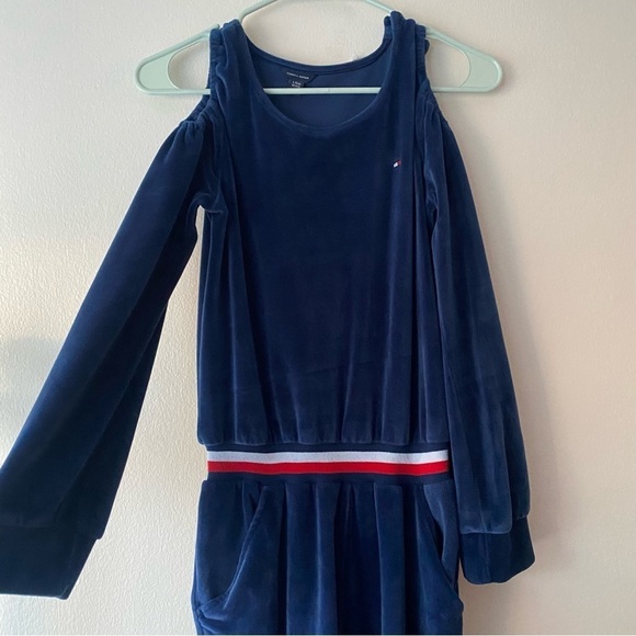 Tommy Hilfiger Flag Blue Velour Cold-Shoulder Jumpsuit size large - Picture 2 of 5